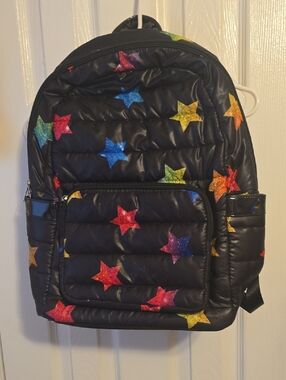 Top Trenz Black Quilted Backpack with Multicolor Glitter Stars